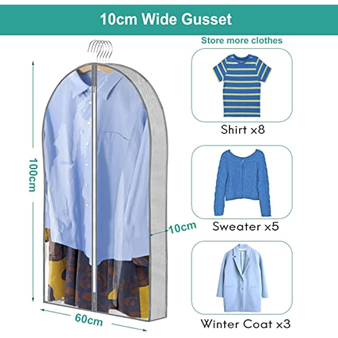 ZSURLUX Garment Bags for Clothes 60 x 100cm 4Pack, Moth Proof Clothes Covers with Zip, Hanging Storage Protector Bags for Wardrobe, Travel, Suitable for Suit, Coat, Jackets, Jumpers,etc. Grey