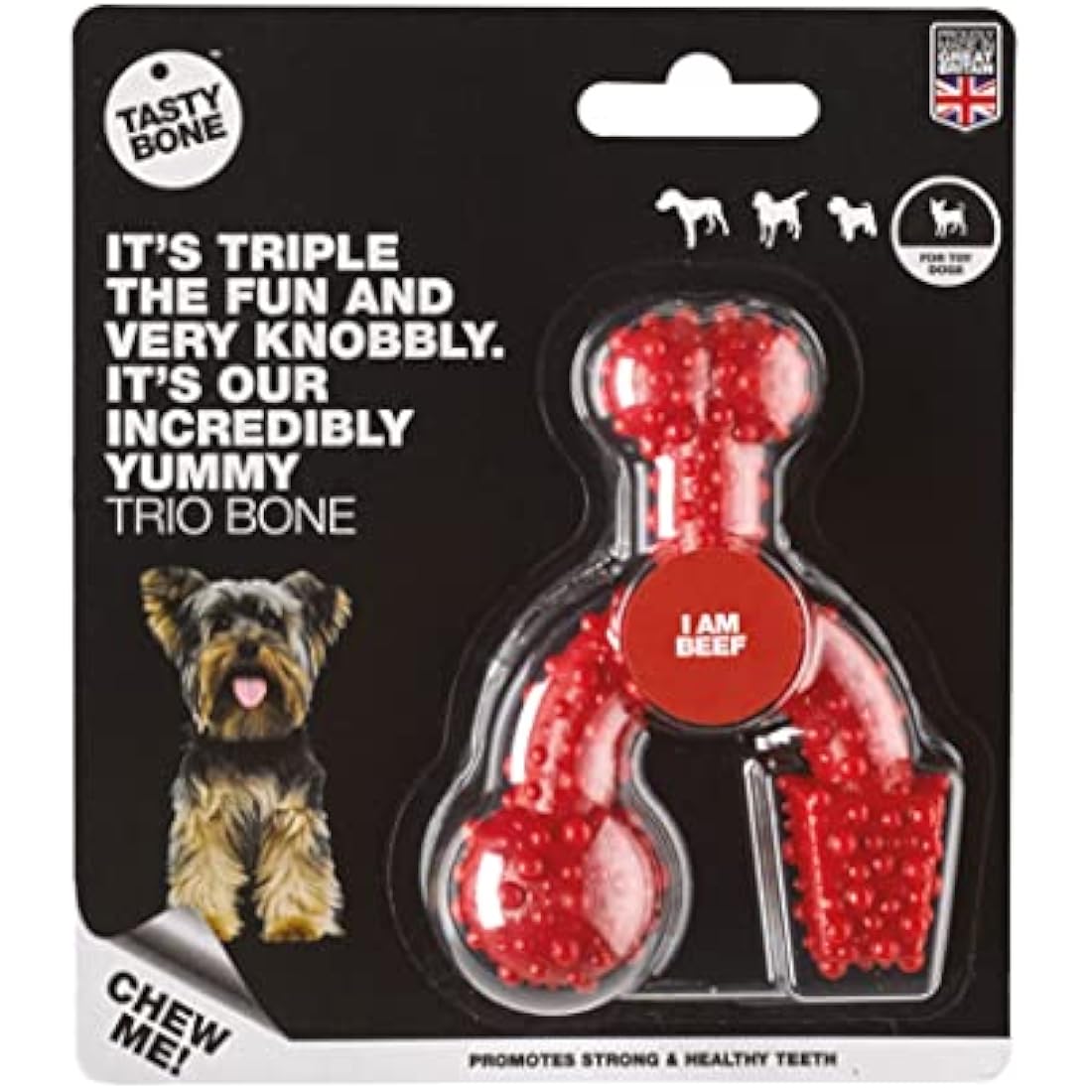 TastyBone TrioBone Nylon Dog Chew Toy for Toy Dogs (Beef) - Indestructible for Aggressive Chewers, Everlasting Flavour, Strong Healthy Teeth, Made in the UK