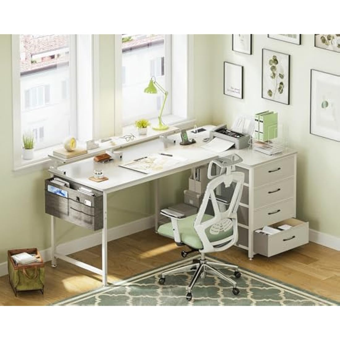 ODK Corner Desk with Drawers, L Shaped Computer Desk 140x80cm with USB Charging Port & Power Outlet, Home Office Desk with Monitor Stand and PC Stand, Gaming Desks Workstations, White