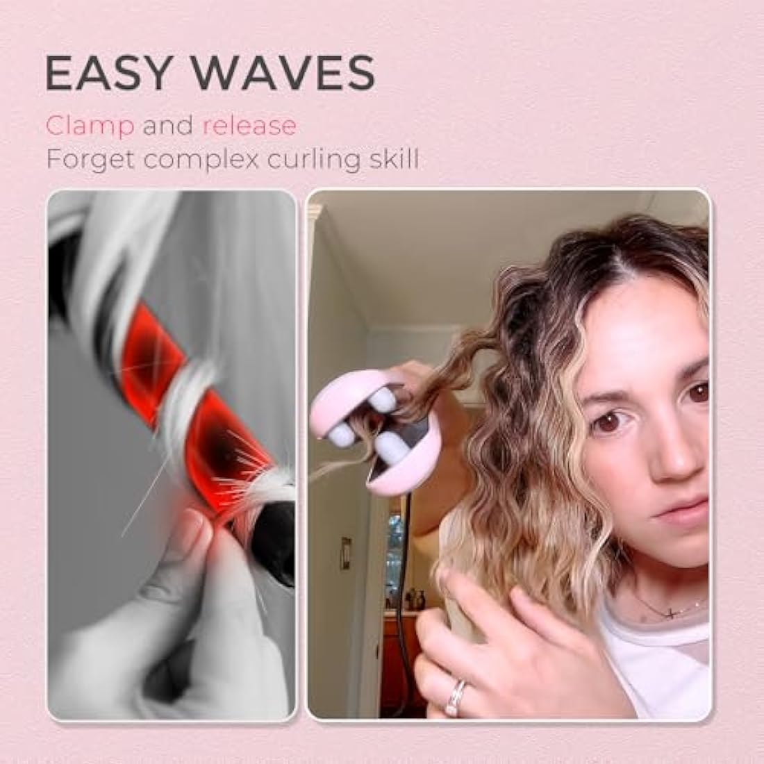 TYMO ROVY Hair Waver Crimper - Hair Curler, Deep Waver Curling Iron, Ionic Curling Wand with Ceramic Tourmaline Barrel for Women, Anti-Scald, Quick & Easy, Dual Voltage, Pink 25mm