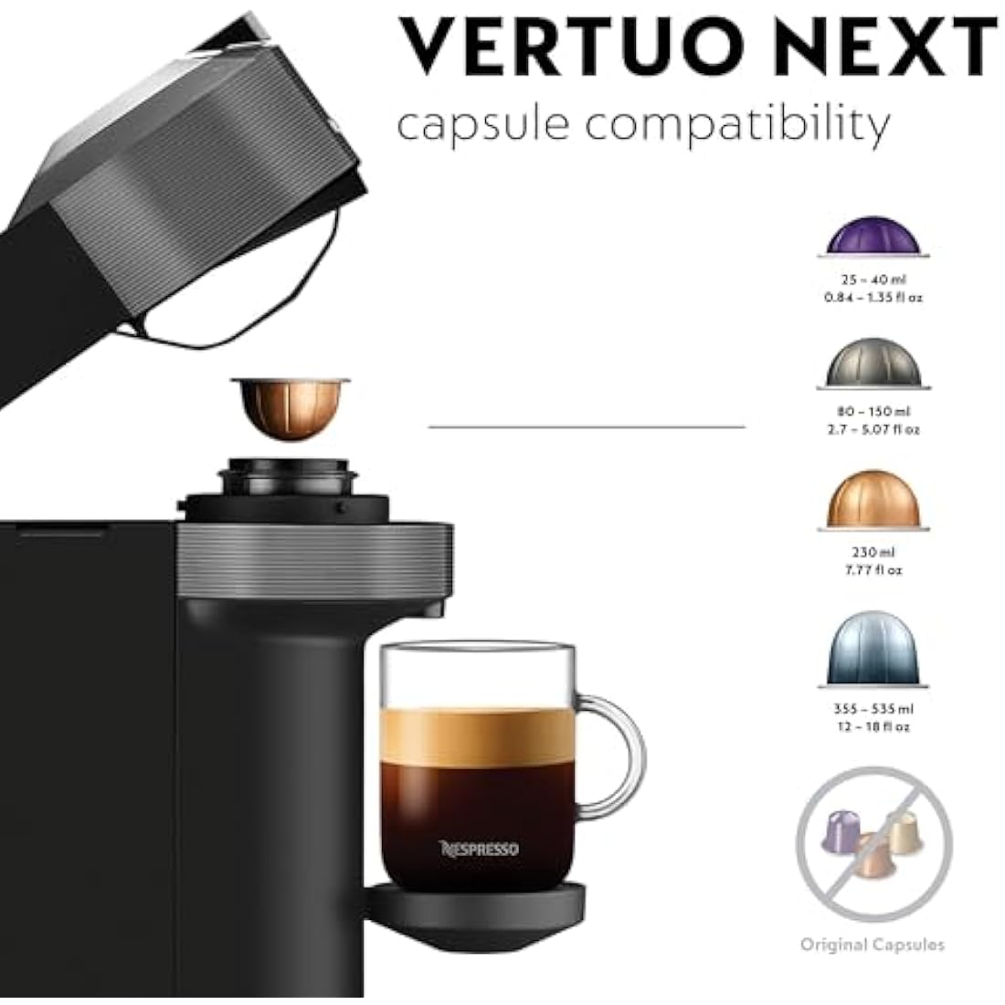 Nespresso Vertuo Next Coffee Machine by De'Longhi with Aeroccino Milk Frother, Over 30 Varieties of Pods, 6 Coffee Cup Sizes, Latte, Cappuccino, Starter Capsule Set Included, EN120.GYAE, Grey