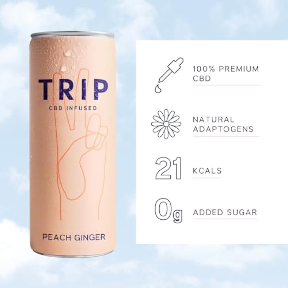 TRIP CBD Drink, Sparkling Peach Ginger Fizzy Drink, Low Calorie, Vegan (Pack of 24 x 250ml)