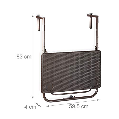 Relaxdays Folding Balcony Table, Hang on Railings, 3 Height Settings, Rattan Effect Tabletop, WxD: 59.5 x 36 cm, Brown