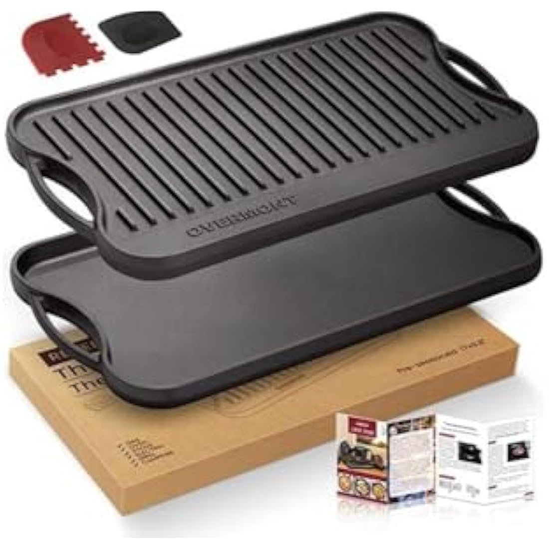 OVERMONT Pre-Seasoned Cast Iron Reversible Griddle Grill Pan with Handles for Gas Stovetop Open Fire Oven, 43.18 * 24.89CM (17x9.8) - One Tray, Scrapers Included