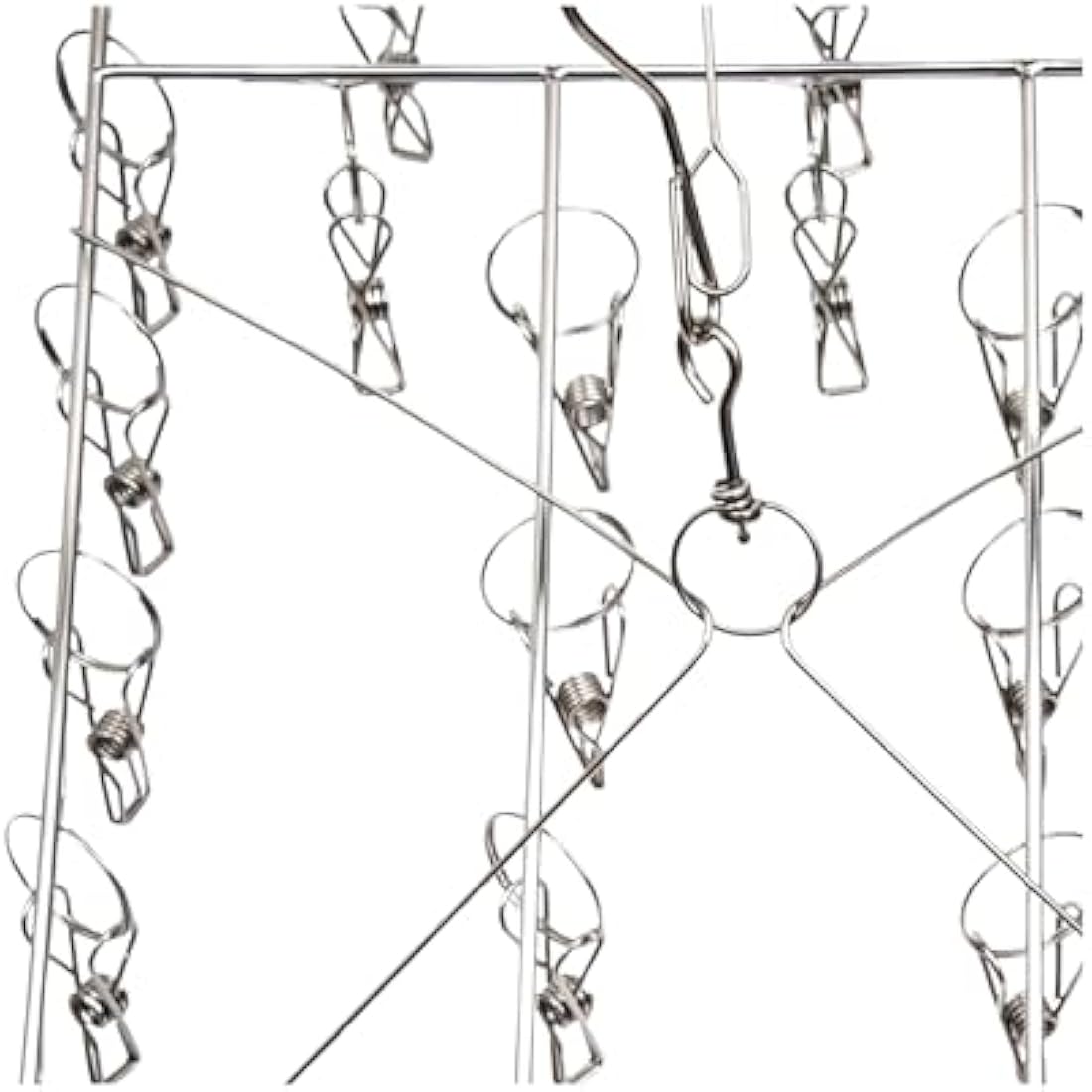 BARGAIN FACTORY Metal Sock Hanger, Stainless Steel Heavy Duty Drying Rack with 36pcs Pegs and Swivel Hook, Windproof Laundry Metal Square Hanger for Socks, Underwear and Small Items.