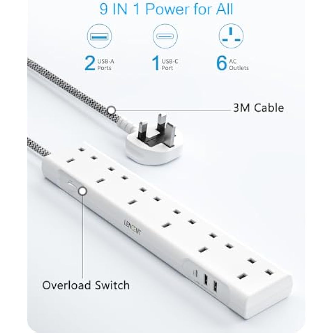 LENCENT 3M Extension Lead with USB Slots, 6 Way Outlets Power Strip with 1 USB-C and 2 USB Slots,Multi Power Plug Extension with 3M Braided Extension Cord for Home Office, White