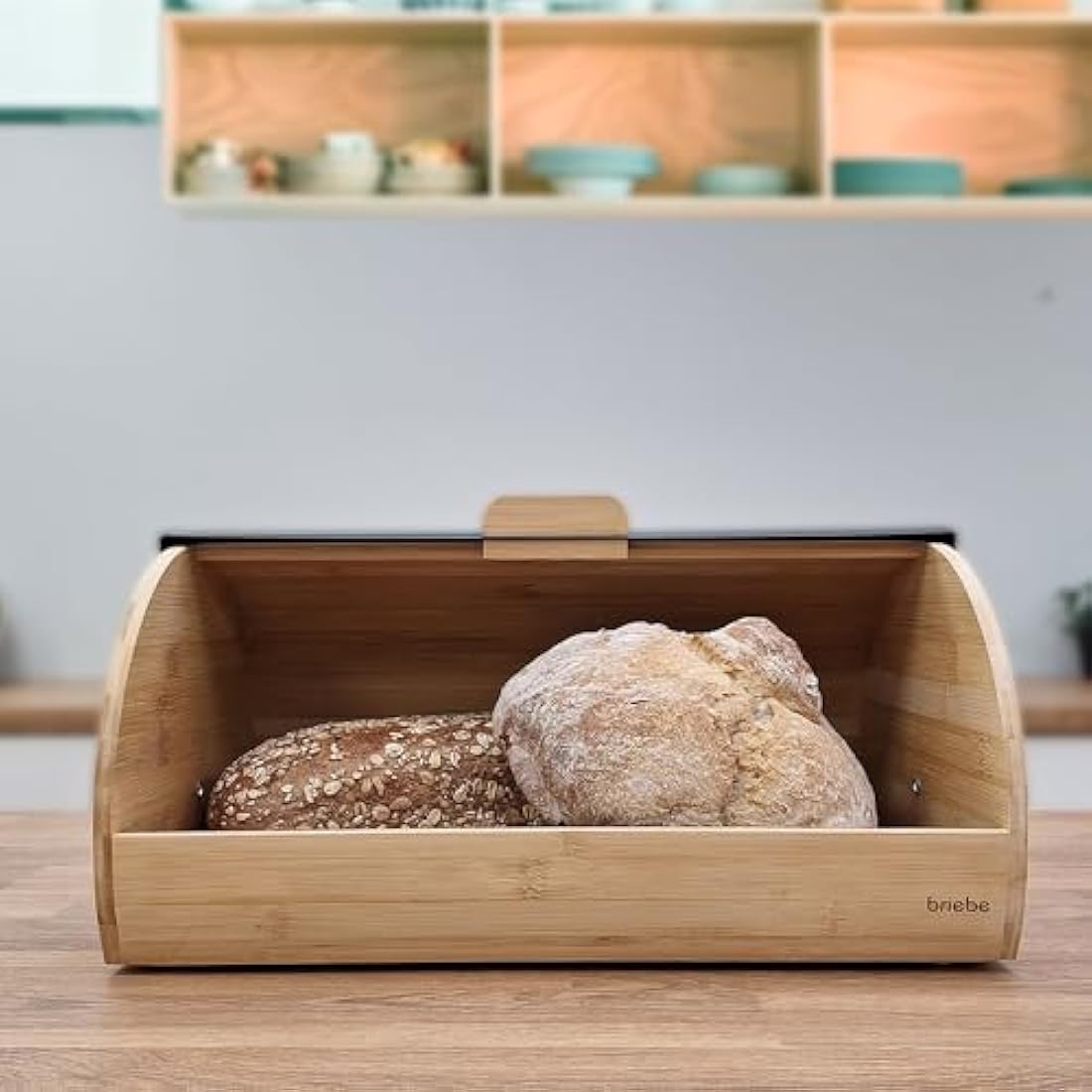 briebe Nordic Bread Box for Storage of Table Bread Bamboo Wood, Sliding Lid, Bread Box for Storage Bread and Pastries, Modern Nordic Design, Grey