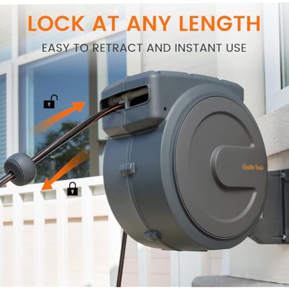 Giraffe Tools Retractable Hose Reel Wall Mounted, 25+2m Garden Hose Reel, 180° Pivotal with 7 in 1 Spray Nozzle, Grey (EUAW-25)