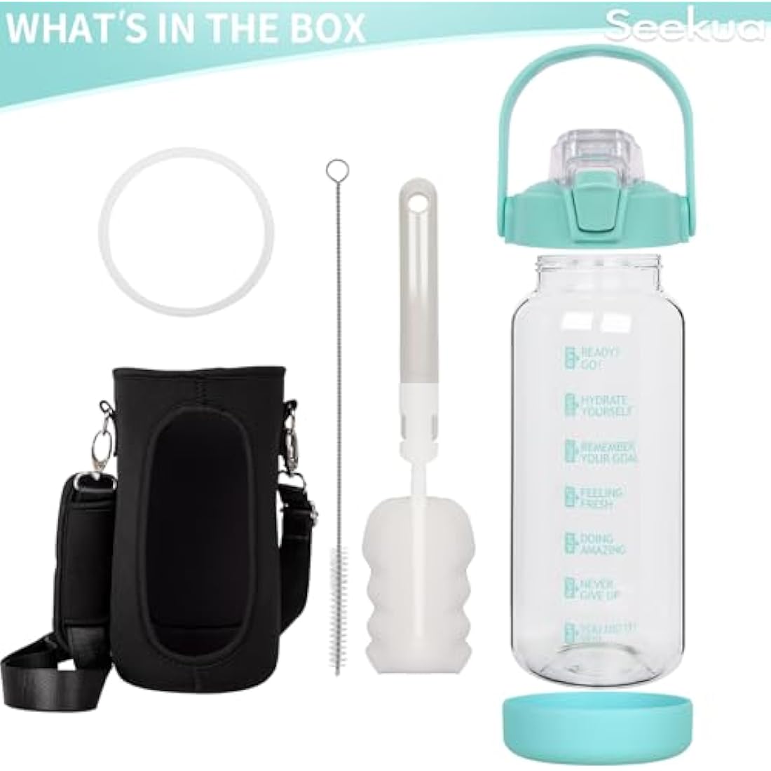Seekua 2l Glass Water Bottle with Straw & Motivational Time Markings 2 litre Large Leakproof Gym Drinking Bottle