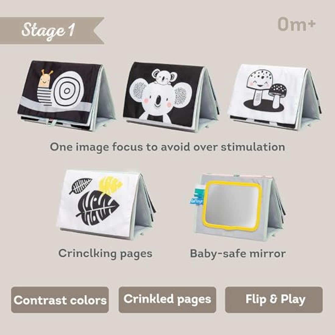 Taf Toys Koala Tummy Time Baby Book – Double-Sided Sensory Cloth Activity Book with Mirror, Crinkle Textures & Teether | Soft Developmental Toy for Newborns 0 Months+