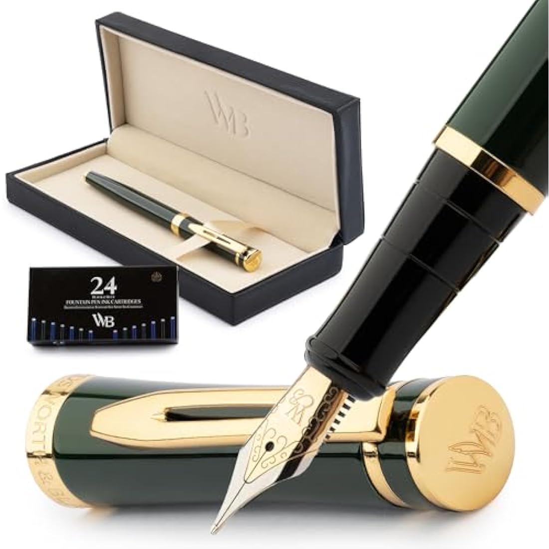 Wordsworth & Black Fountain Pen Set, Medium Nib, Includes 24 Ink Cartridges and Ink Refill Converter, Gift Case, Journaling, Calligraphy, Smooth Writing Pens [Racing Green], Perfect for Men and Women