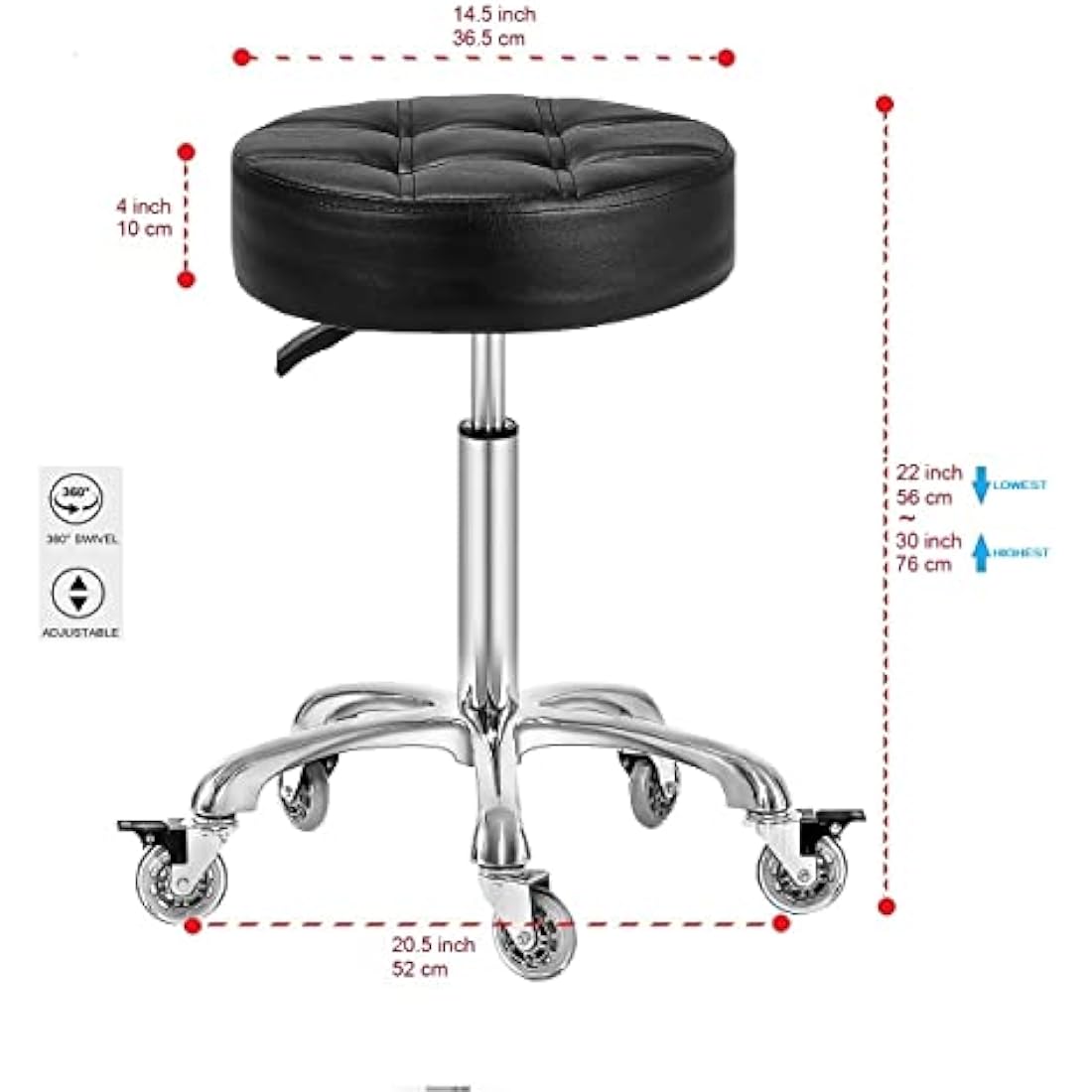 McDooFly Adjustable Heavy Duty Stool - Rolling Stools with Locking Caster Wheels - Swivel Stools Backless Chair for Home Kitchen Office Shop Tattoo Lash Tech Pedicure(Black, Height 56 to 76 cm)