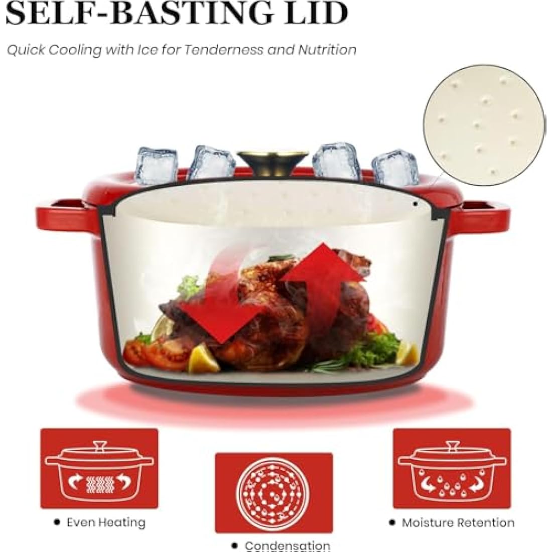Overmont 26cm Enameled Cast Iron Dutch Oven - 5L Pot with Functional lid Cookbook & Cotton Potholders - Oven Safe up to 500° F, Sturdy Cookware for Braising, Stews, Roasting, Bread Baking, Red