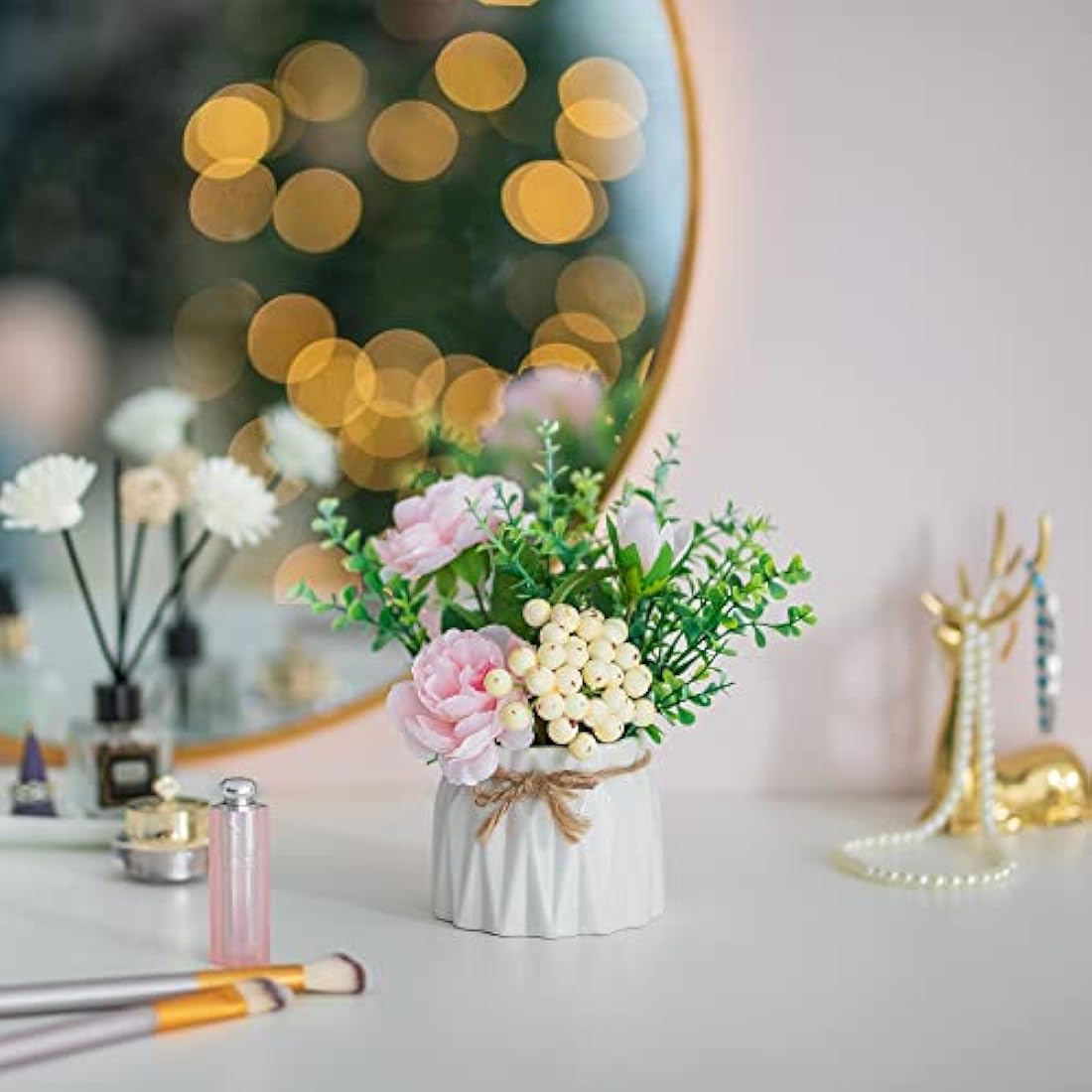 BLOSMON Artificial Flowers and Vase Decoration Fake Flower in Vases 2PCS Pink Plastic Rose Arrangements Table Floral Centrepieces Ornaments Plant Bouquet for Wedding Room Window Garden Party Display