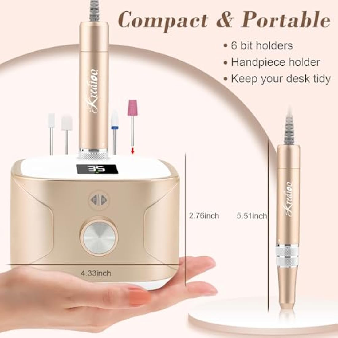 Kredioo Nail Drill 35,000RPM, Electric Nail File for Acrylic and Gel Nails, Professional Nail Drill Machine, Manicure Pedicure Kit with 11 Bits, LCD Display, Touch Button (Gold)