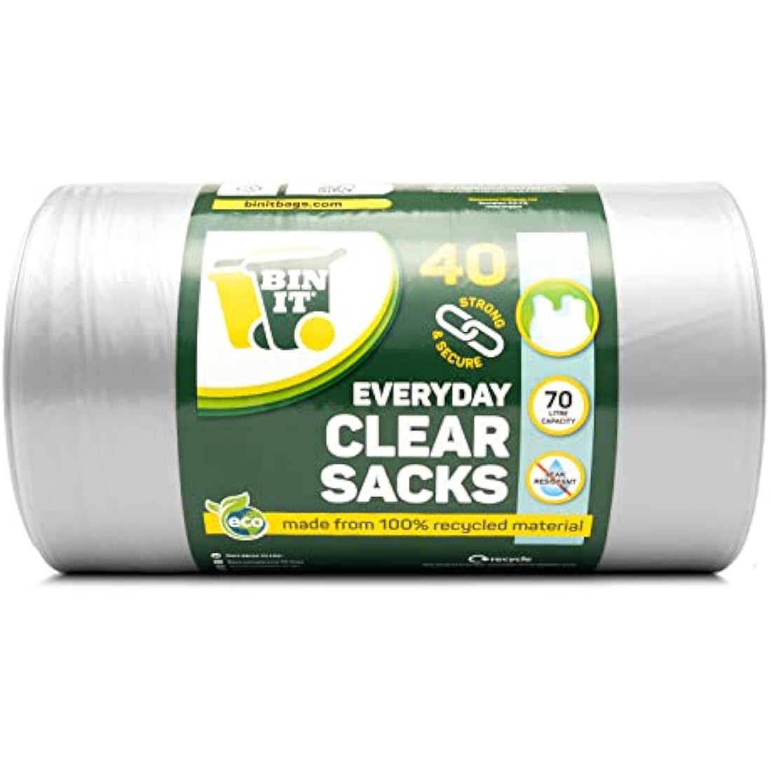 BIN IT 40 Clear Large 70L Strong & Secure, Tie Top, Recycling Sacks, Bin Bags, Bin Liners, Refuse Sacks, Recycled, Tear Resistant, 120 Gauge - 30 μm, Perfect for Everyday Use
