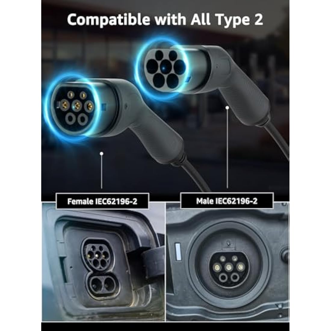 bokman Type 2 EV Charging Cable, Mode 3 / 32A / 22KW / 3 Phase / 5 Meter, Electric Vehicle Car Plug-in Hybrid Type 2 to Type 2 Fast Charging Cable