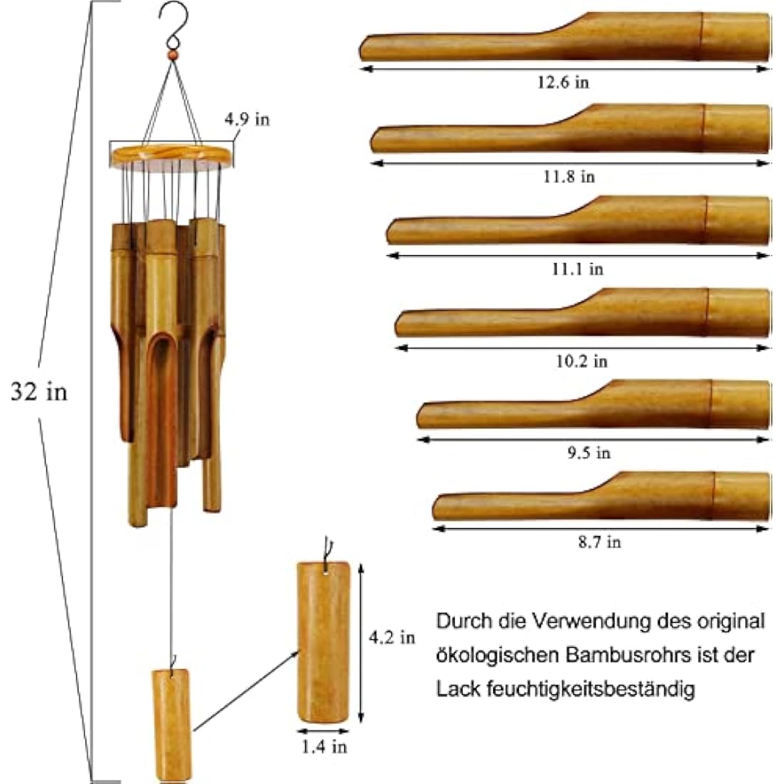 Bamboo Wind Chimes Outdoor,Wooden Wind Chimes with Melody Deep Tone,30" Classic Zen Garden Windchime for Relaxation, Grace.Home Décor for Patio, Garden or Indoor