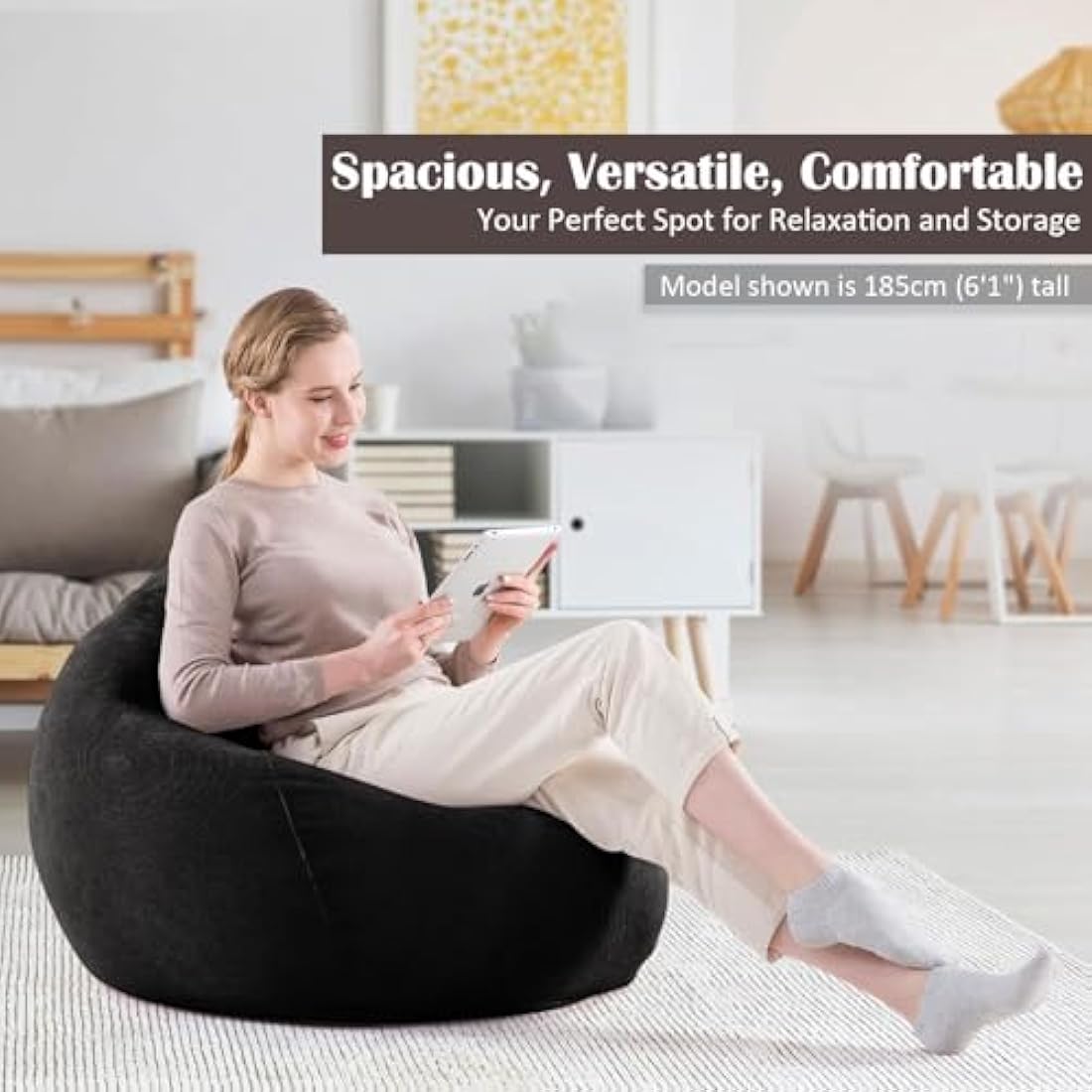 Nobildonna Bean Bag Chair Cover (No Filler) for Kids and Adults. Extra Large 300L Bean Bag Stuffed Animal Storage Washable Soft Premium Corduroy Stuffed Plush Toys Bean Bag Cover (Black)