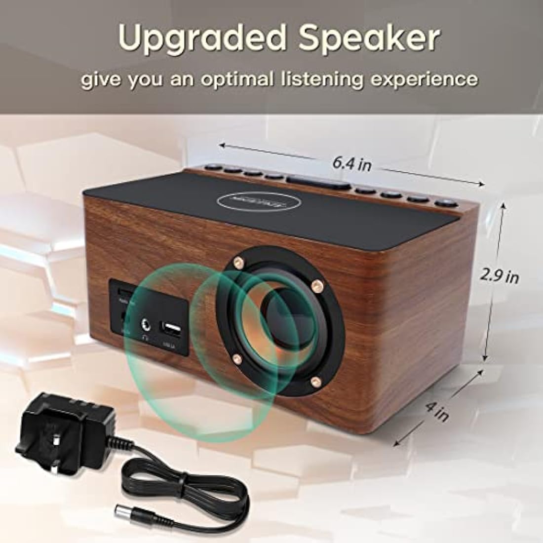 ANJANK Bedside Wooden FM Radio Alarm Clock,10W Super Fast Wireless Charger Station for Iphone/Samsung Galaxy,USB Charging Port, 5 Level Digital Dimmable Led Display,Mains Powered with Backup Battery