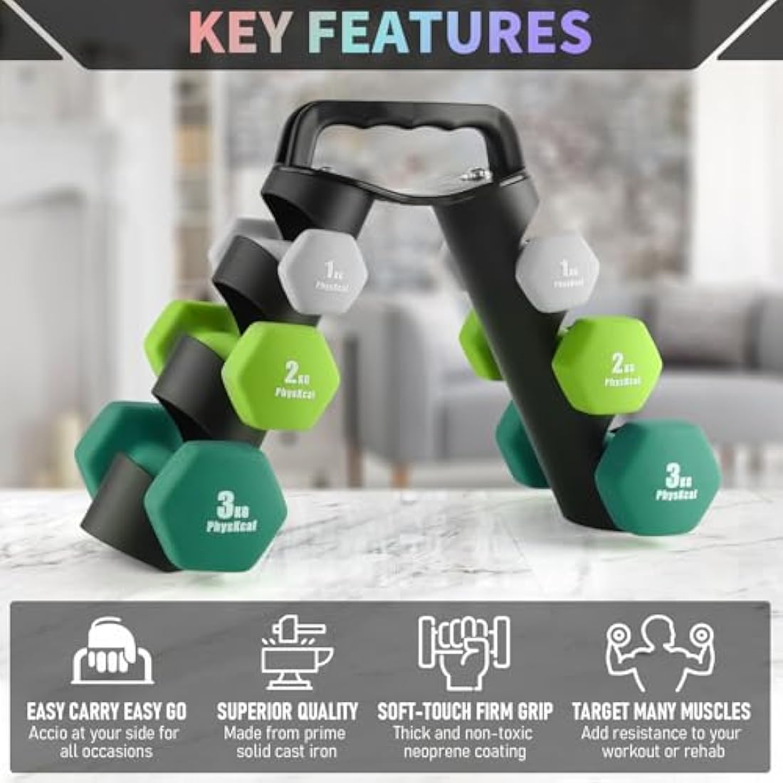 PhysKcal Dumbbells Set with Storage Rack, Hand Weights Set for Home, Gym & Studio