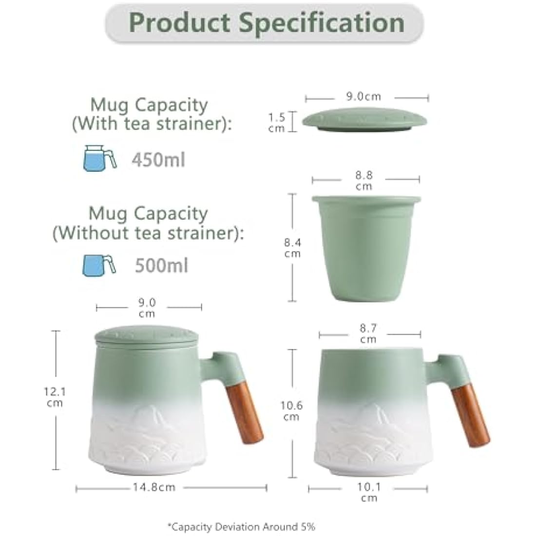 ZENS Tea Mug with Infuser and Lid, 500 ML Embossed Ceramic Loose Leaf Tea Cup with Strainers for Tea Diffusers, Wood Handle Tea Infuser Mug for Loose Tea Lovers Gifts, Tea Accessories