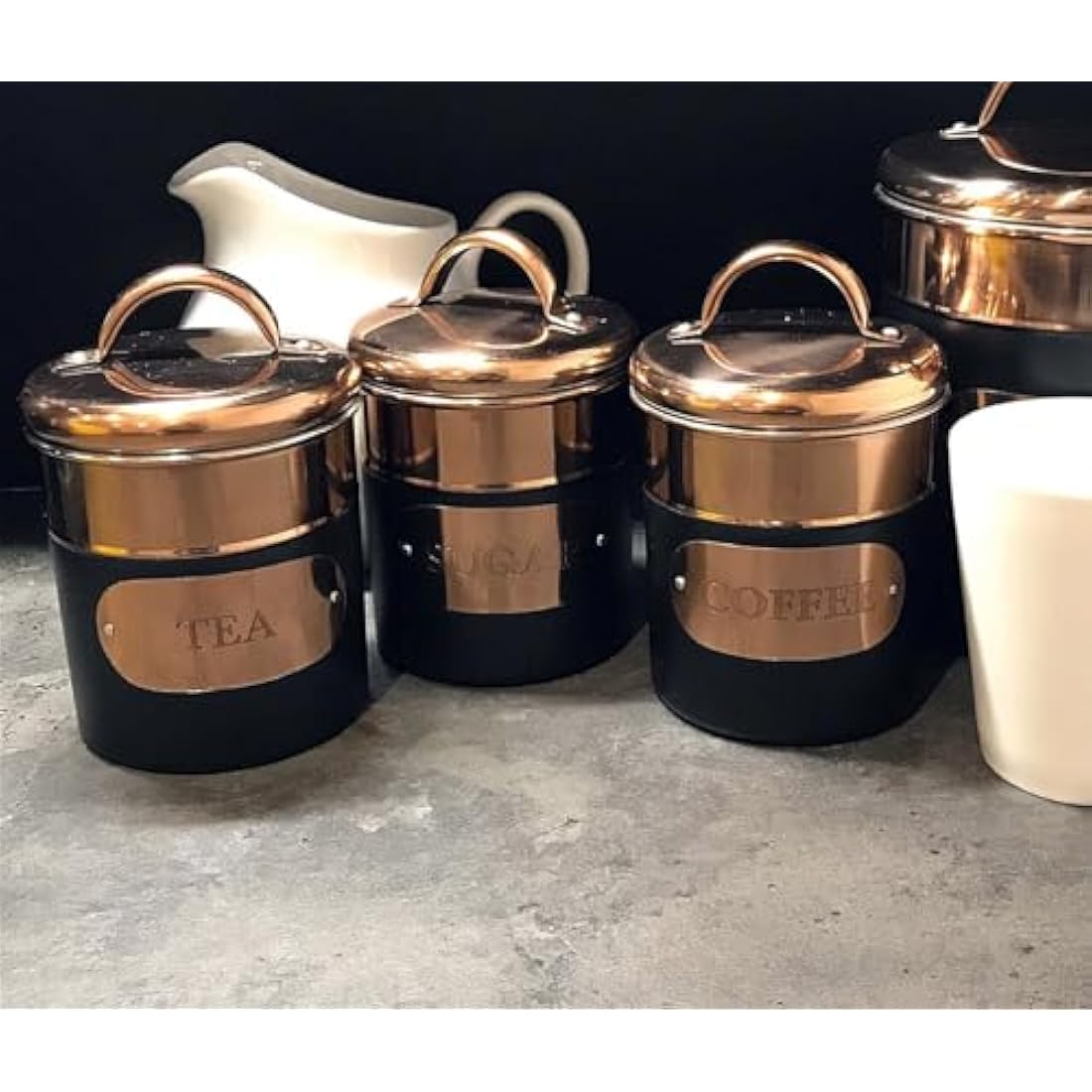 Black & Copper Metal Tea Coffee Sugar Storage Canister Set Jar Pots Tins