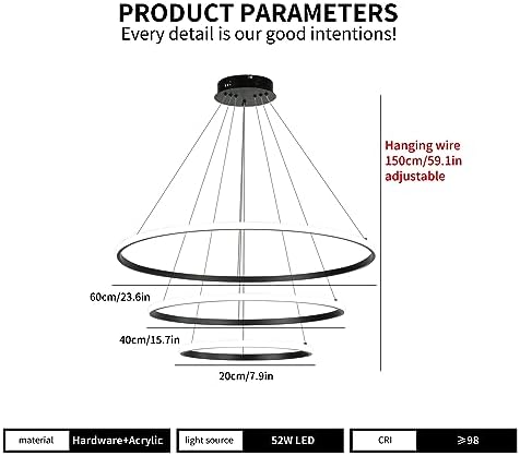 Led Pendant,Dimmable 3 Ring Acrylic Chandelier Lighting Fixture,Black Adjustable Chandeliers Ceiling Light for Kitchen Island Dining Room Living Room Bedroom Foyer Hanging 20+40+60Cm/(7.87+15.7+23.6)