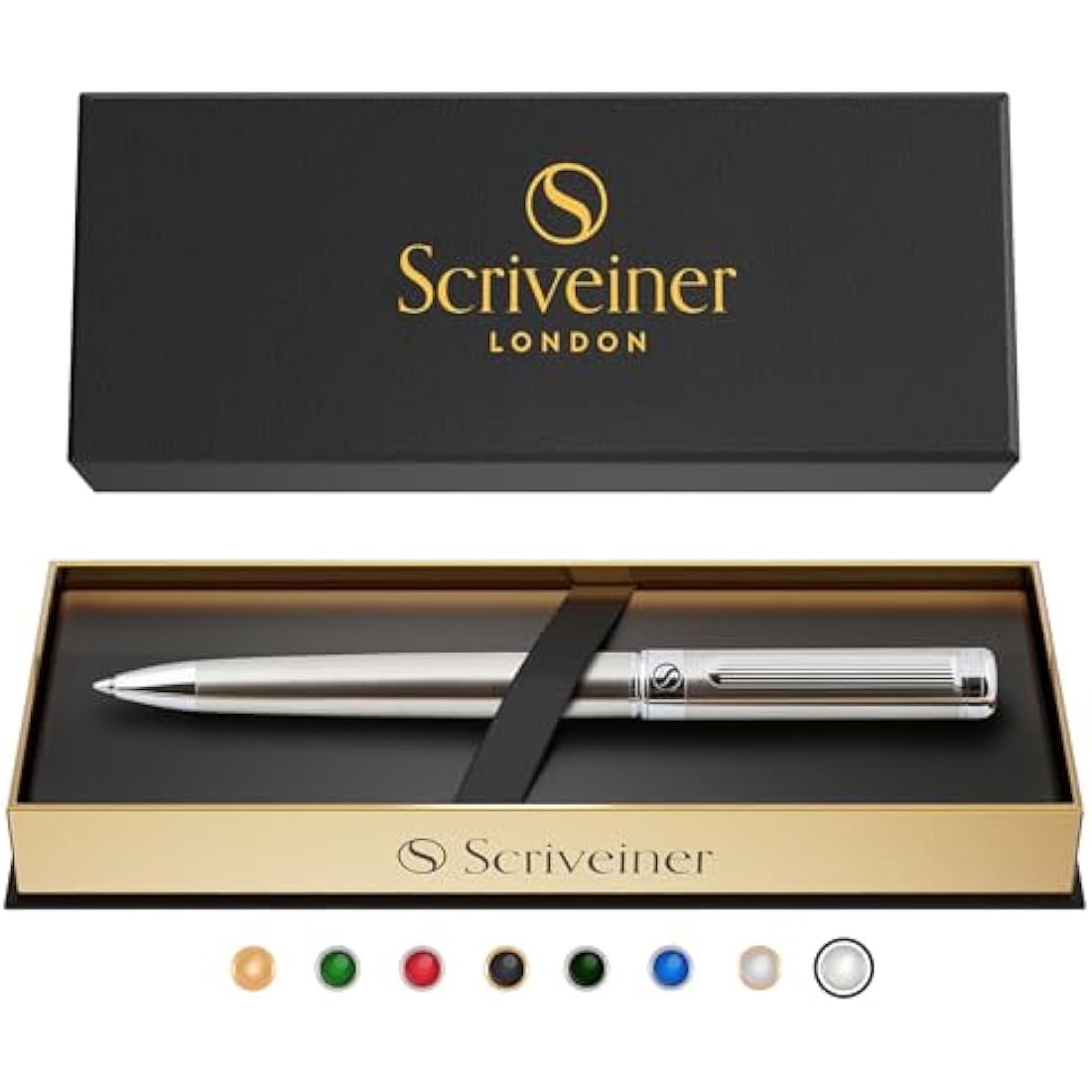 Scriveiner Stainless Steel Ballpoint - Stunning Luxury Pen with Stainless Steel Finish, Schmidt Black Refill, Best Ball Pen Gift Set for Men & Women, Professional, Executive, Office, Nice Pens