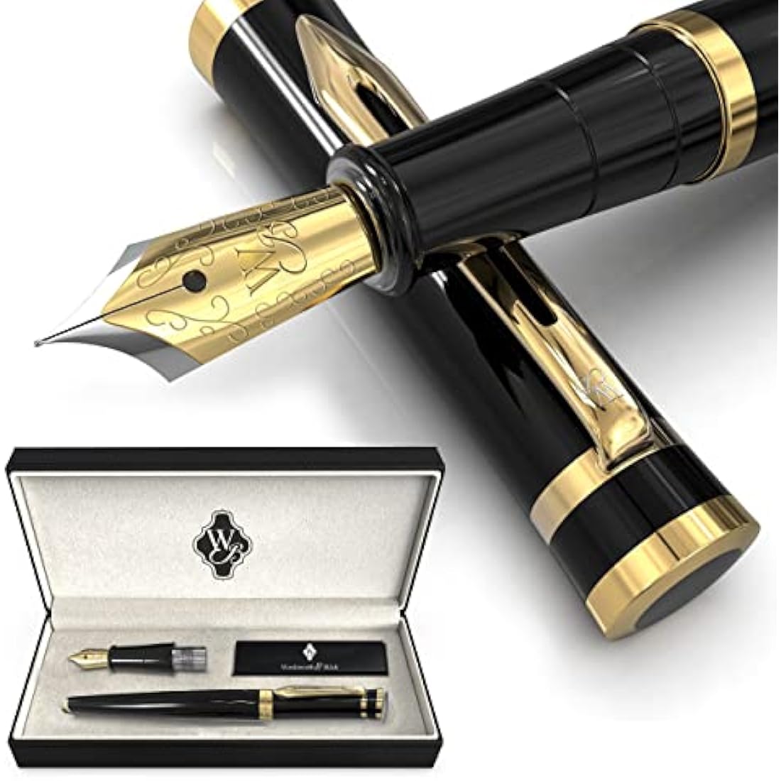 Wordsworth & Black Fountain Pen Set, 18K Gilded Medium and Extra Fine Nibs, 6 Ink Cartridges and Refill Converter, Gift Case, Smooth Writing Pens [Black Gold], Perfect for Men and Women