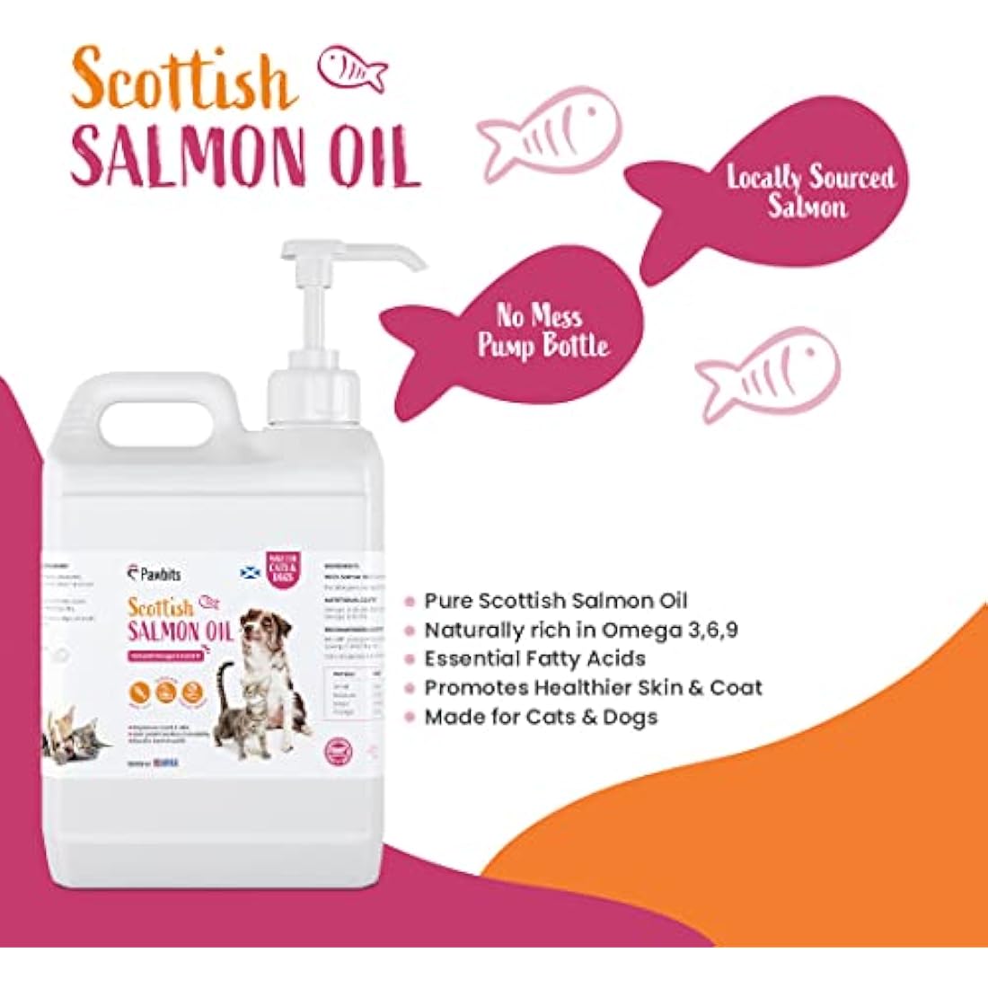 Pawbits 5 Litre Scottish Salmon Oil For Cats,Dogs & Pets - Natural Omega 3+6+9, Healthy Coat & Immune System UK Made Suitable For Horses and Ferrets.