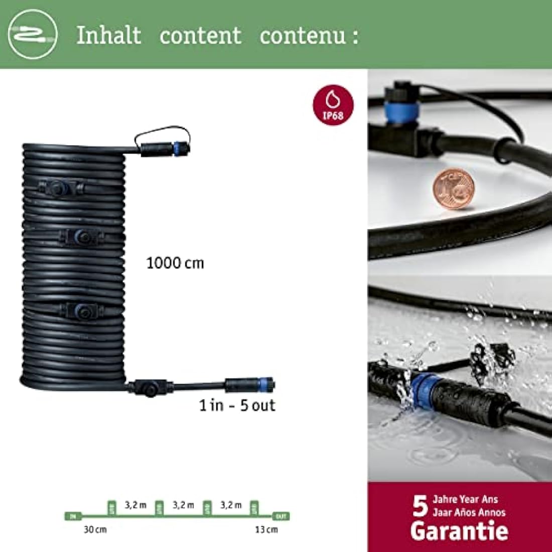 Paulmann 93930 Outdoor Plug & Shine Cable IP68 10m 1 in-5 Out 2x1,5mm² Black Plastic, 1000 x 1.5 x 1.5 cm