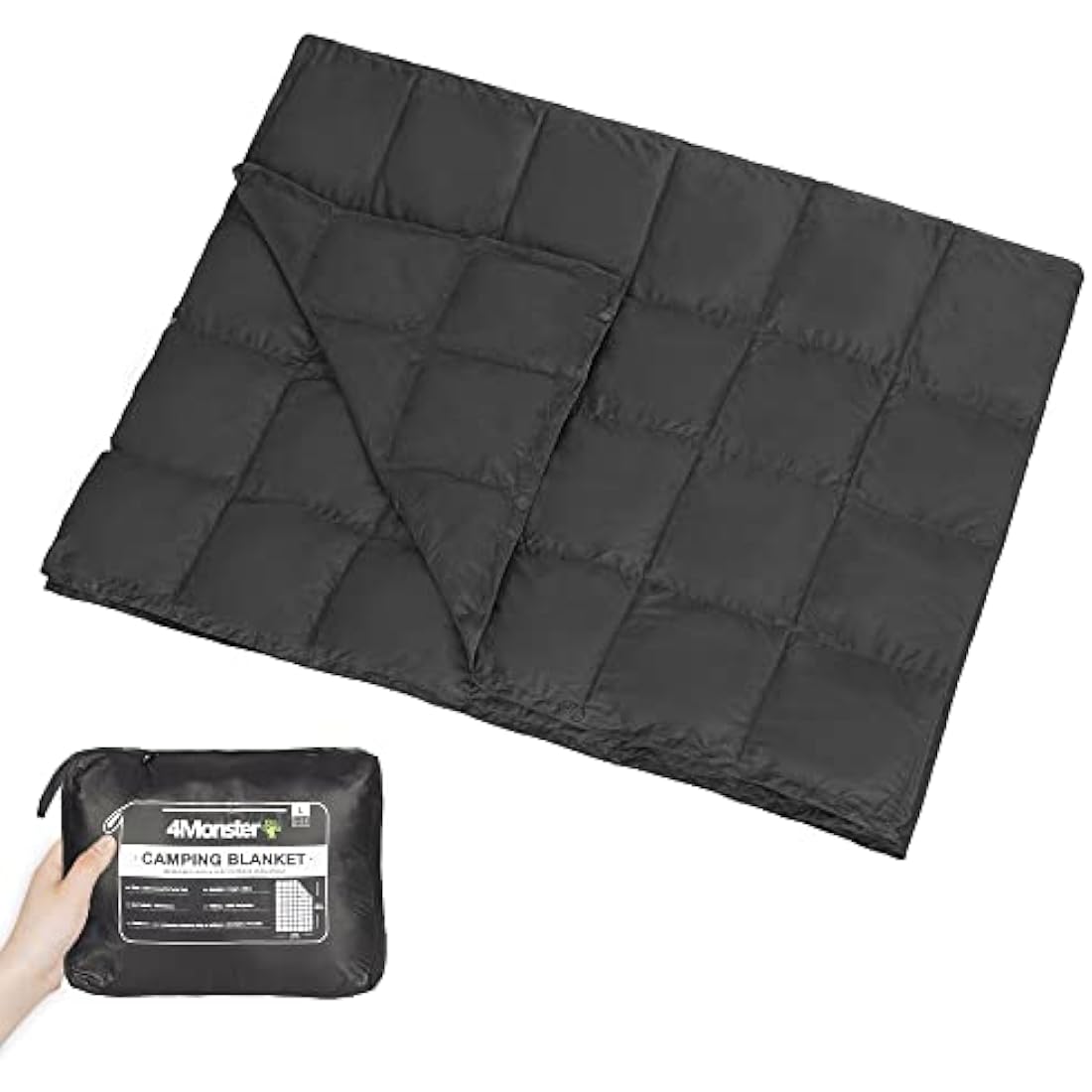 4Monster Camping Blanket Packable, Camping Quilt, Insulated Blanket Hammock Quilt, Camping Blanket for Cold Weather, Picnic, Hiking, Airplane, Travel, Beach, Stadium, Outdoor Gear, Black, XL