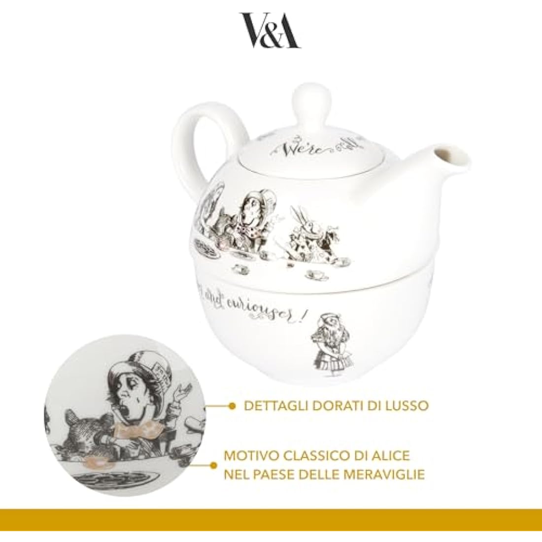 V&A Alice in Wonderland Teapot and Cup Set For 1 in Gift Box, Fine China Tea Set, White, 250 ml