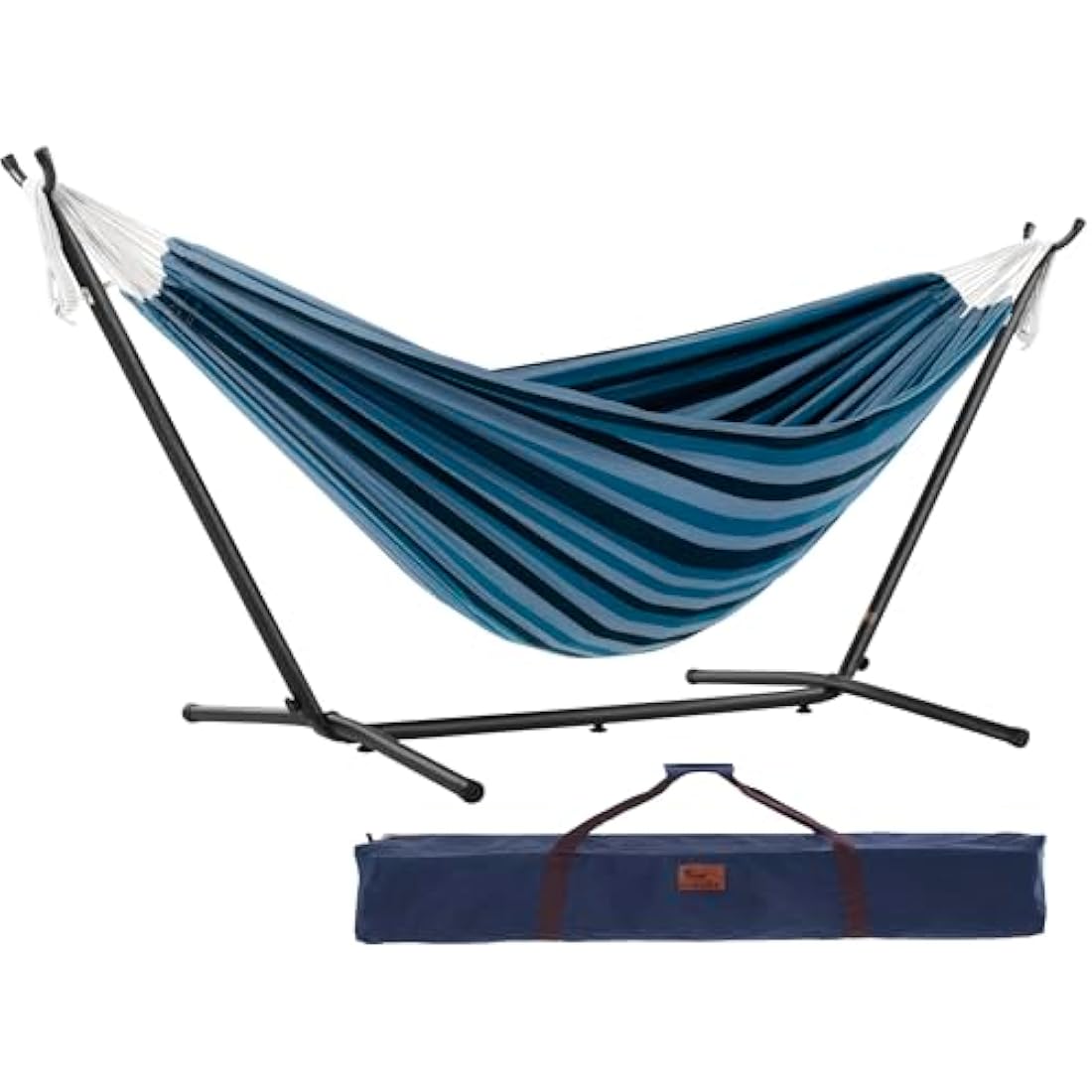 Vivere UHSDO8-34 Double Cotton Hammock with Space-Saving Steel Stand Including Carrying Bag, Blue Lagoon