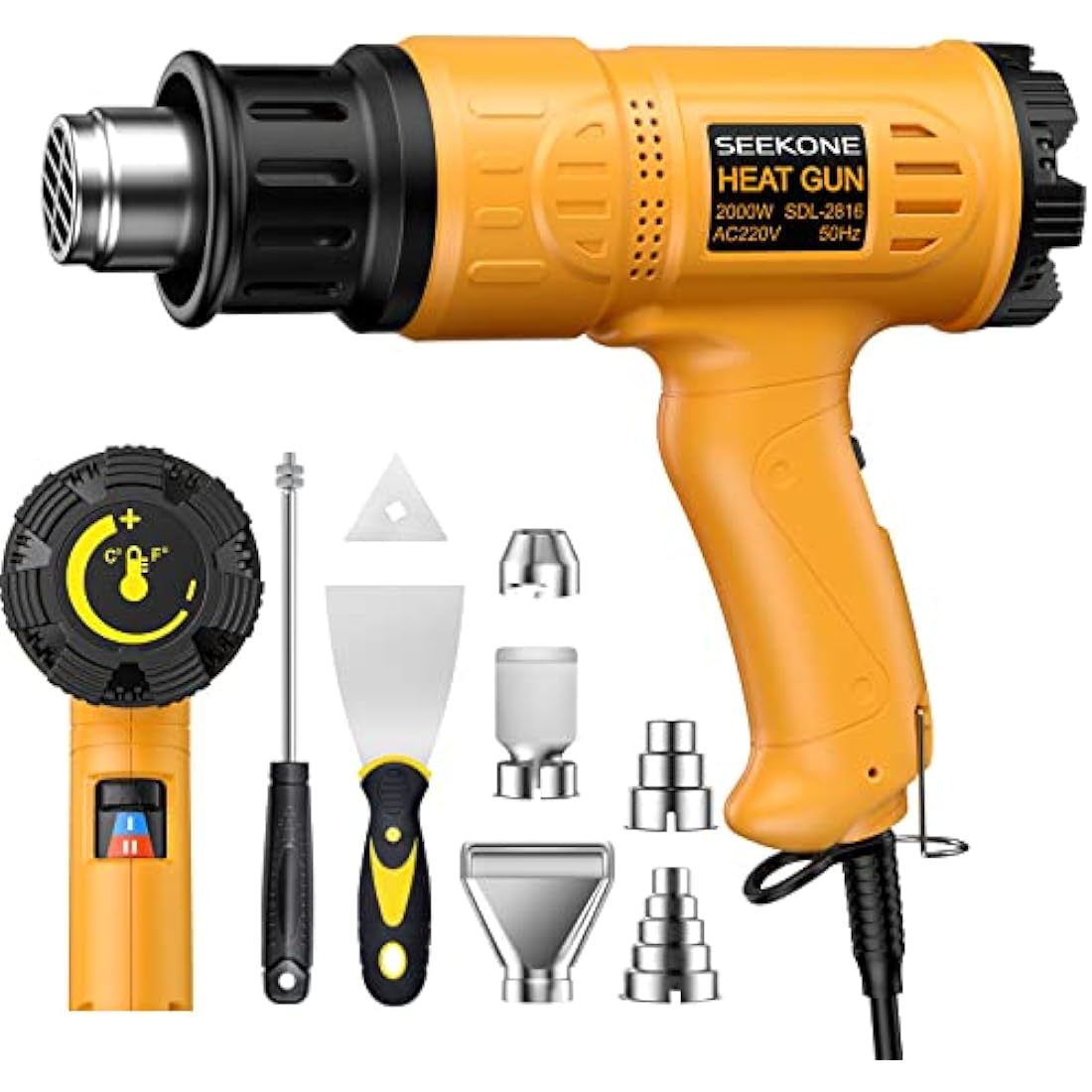 SEEKONE 2000W Professional Hot Air Gun 50℃- 600℃ Variable Temperature Control with 2-Temp Settings, Overload Protection, Double Heating Wire Fast Heating, 7 Accessories for Shrinking PVC