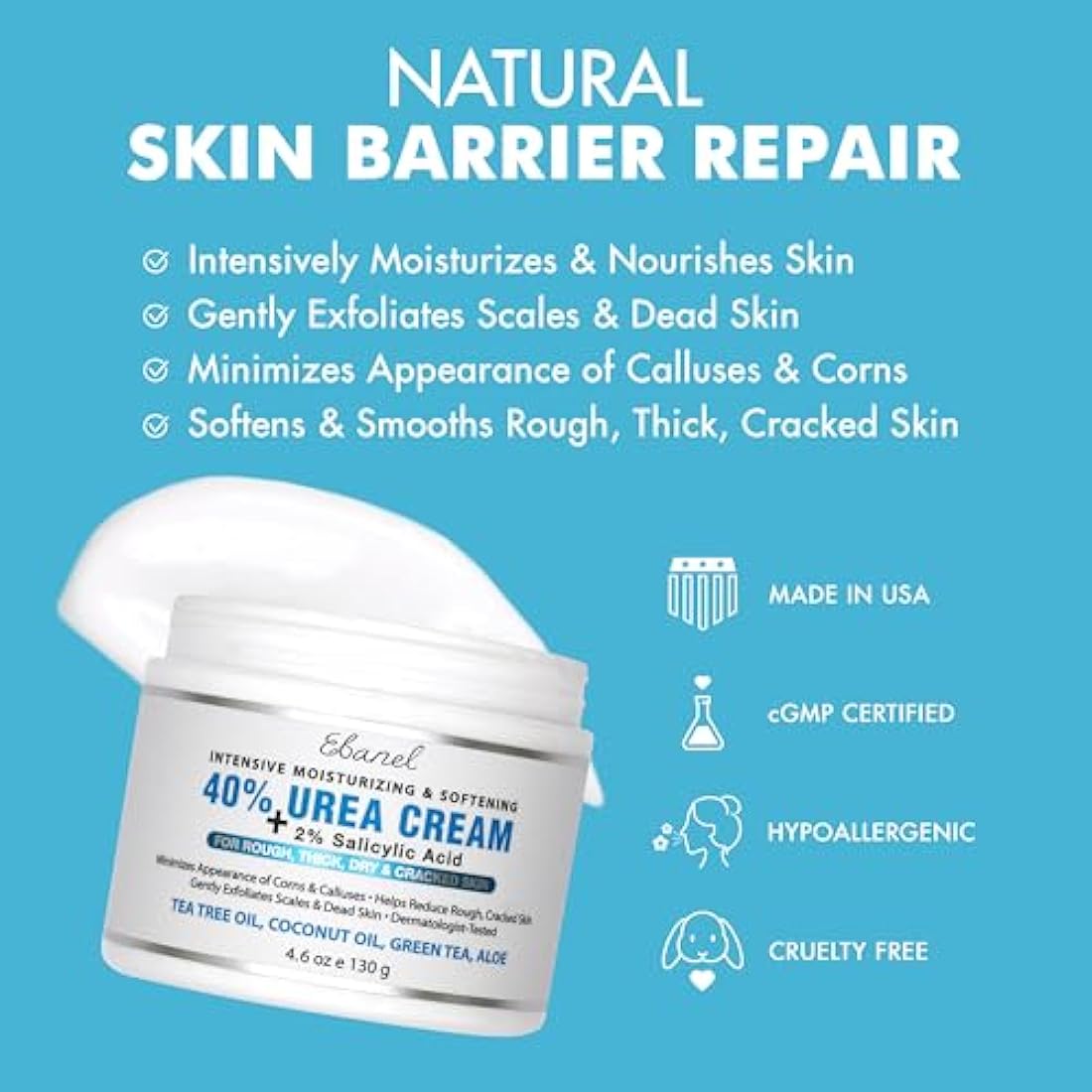 Urea Cream 40% Plus Salicylic Acid 4.6 oz, Callus Remover Hand Cream Foot Cream For Dry Cracked Feet, Hands, Heels, Elbows.