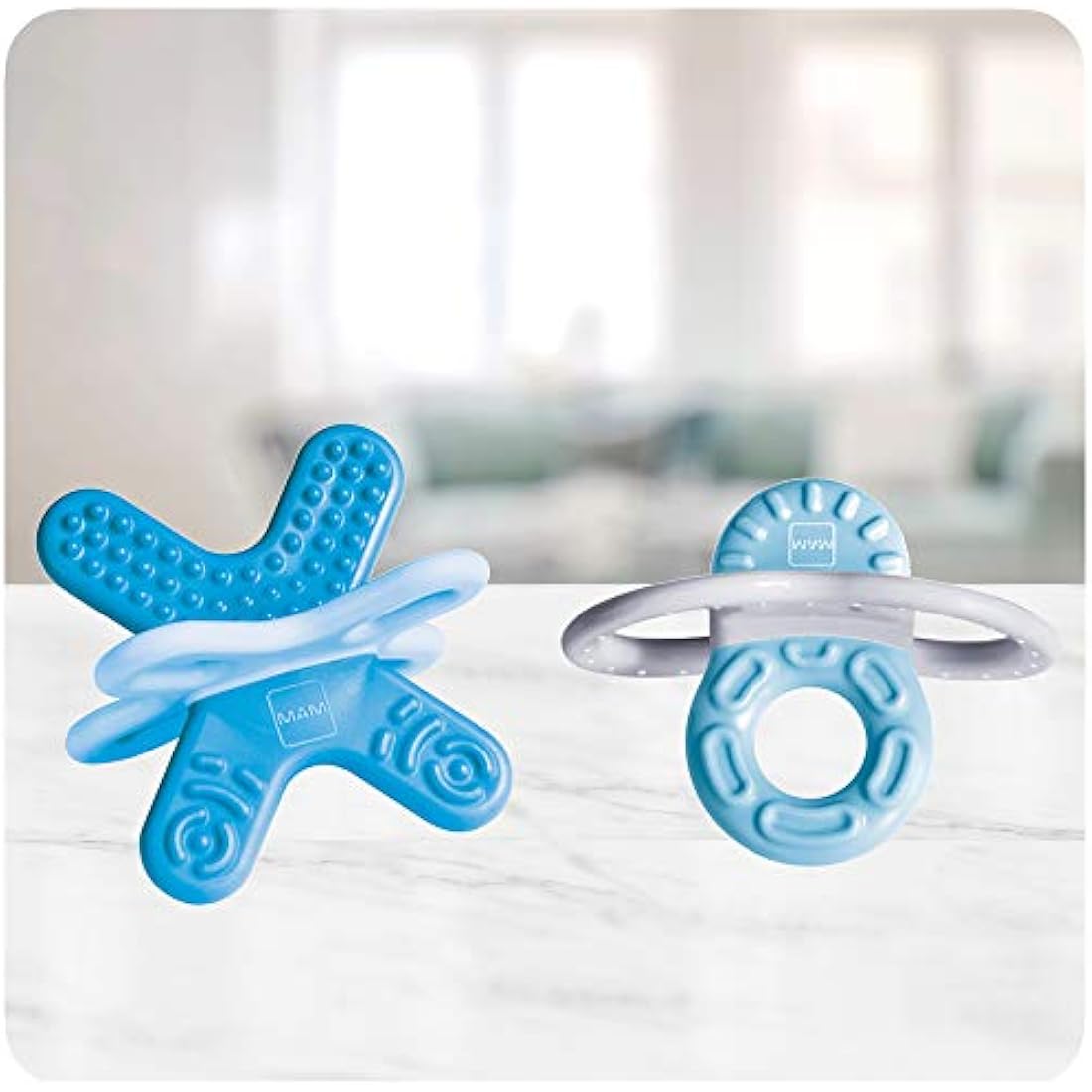 MAM Blue Teether Set - Bite & Relax with Phase 1 & 2 Teething Rings, Extra Small & Light, Easy to Sterilize, Ideal for On-the-Go, Ages 2+ Months