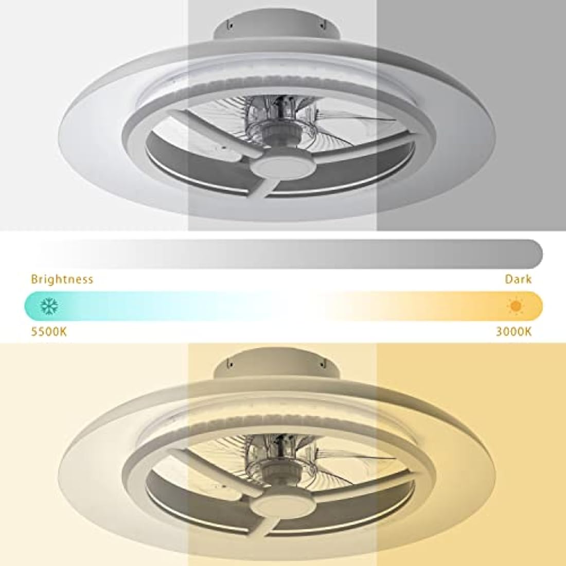 BKZO 55cm LED Ceiling Light with Fan, Ceiling Fan Lights Without Lampshade Wind Speeds Adjustable, Stepless Dimming Light, Modern Fan Lighting, 3000-5500K