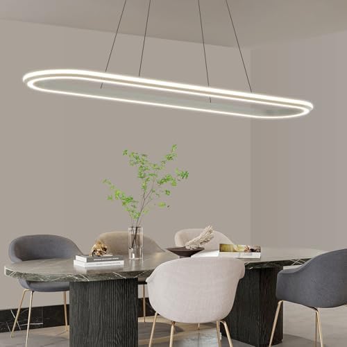 Mikeru Modern LED Oval Pendant Light, 110cm Kitchen Island Pendant Light, Dimmable 3000k-6500k Ceiling Chandelier, Brightness Adjustable 10%-100% for Office, Living Room, Island
