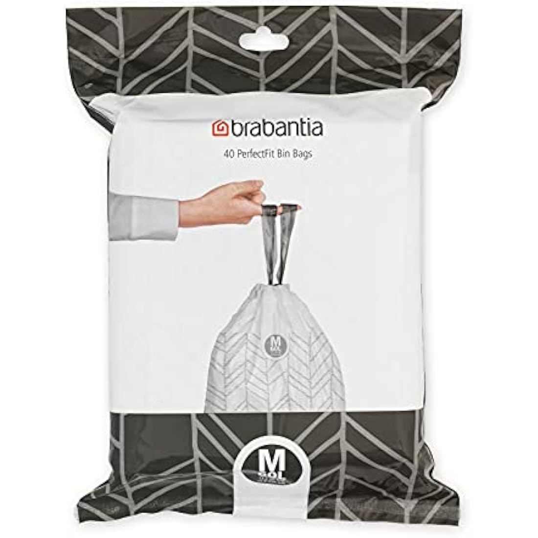 Brabantia 138829 PerfectFit Bin Liners (Size M/60 Litre) Thick Plastic Trash Bags with Tie Tape Drawstring Handles (40 Bags), White