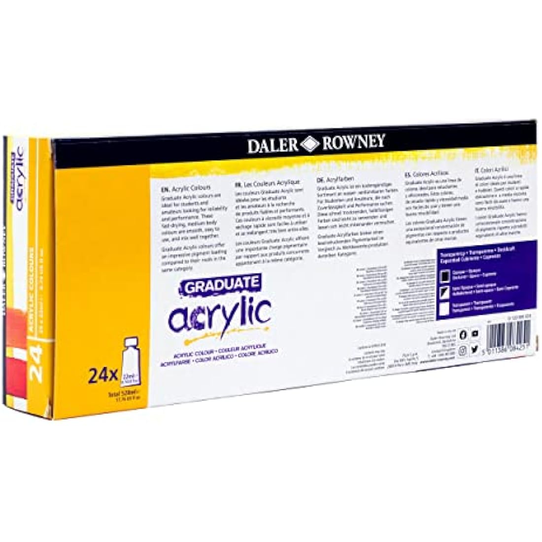 Daler-Rowney Graduate 22ml Acrylic Paint Set, 24 Assorted Colours, High Lightfastness, Water-Based, Solvent-Free, Ideal for Student Artists & Hobbyists