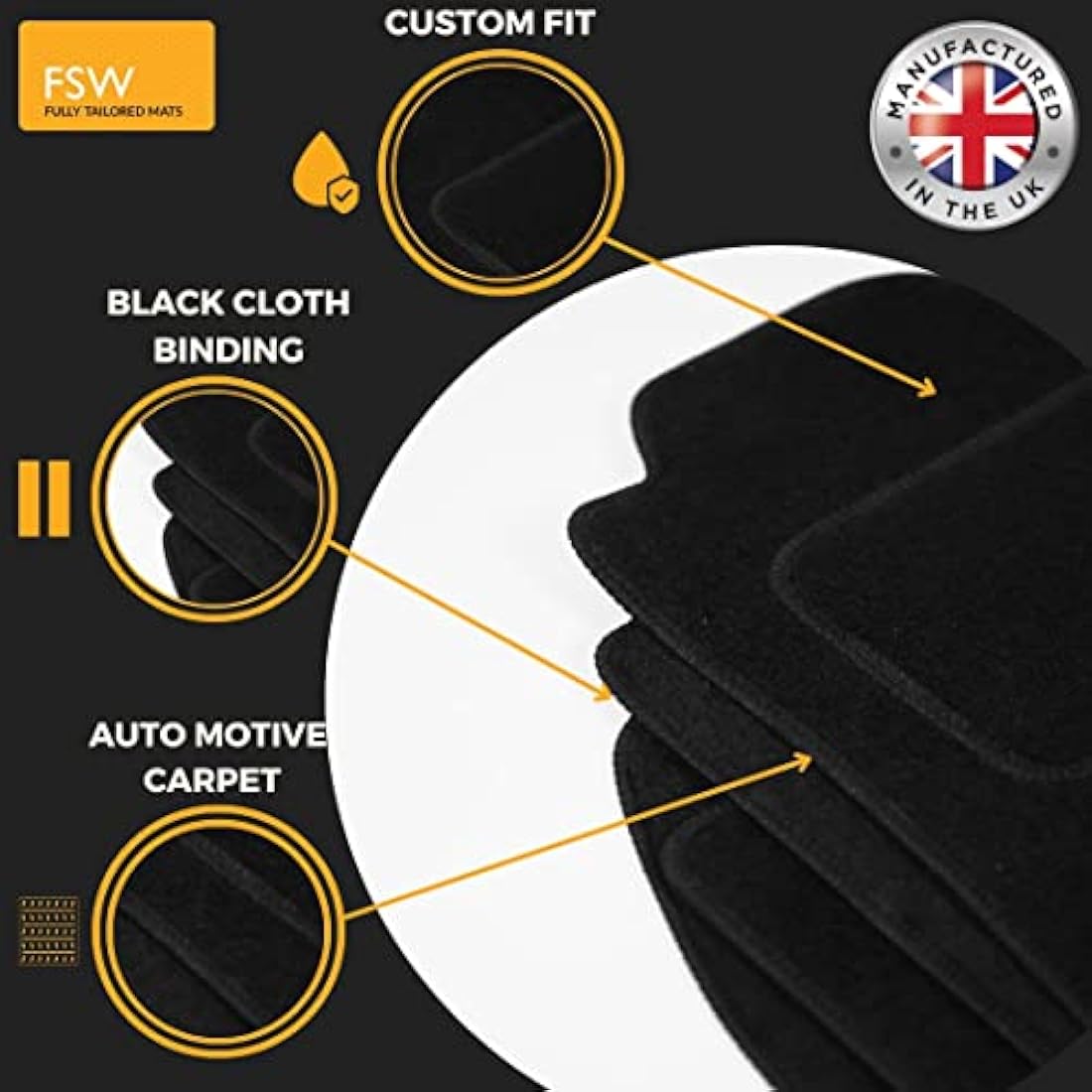 FSW - Car Floor Mats - Fits Peugeot 3008 2009-2016 - Black Carpet - Anti Slip Mat - Non Slip Car Floor Mat, Fitted With Clips & Granulated Backing - 3 Pc Floor Mat