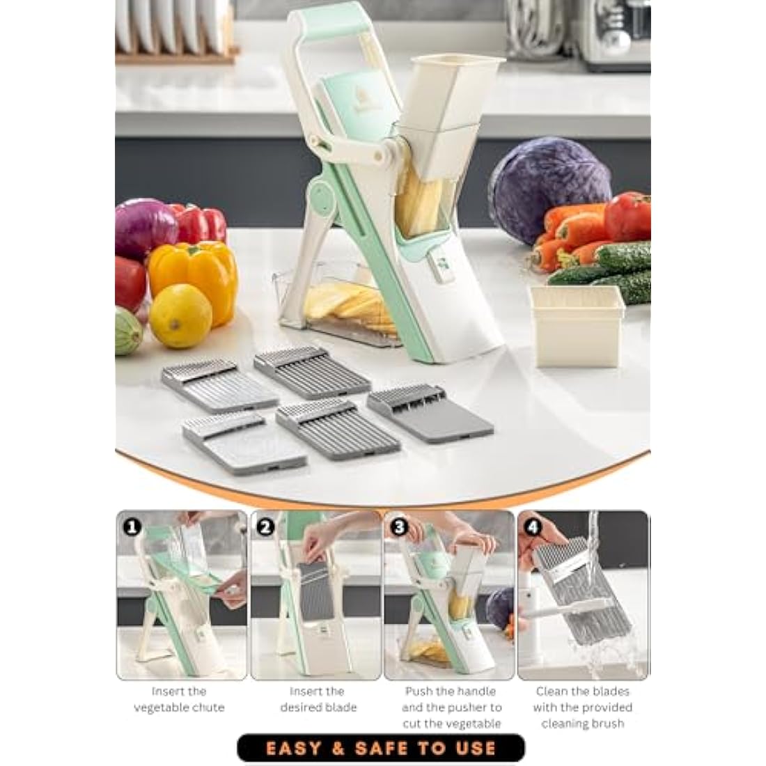 Brieftons Safe Mandoline Vegetable Slicer with 5 Removable Blades to Slice, Julienne, Chip, Chop, Dice Veggies/Fruits, Injury-Free Design, with Catch Container, Cleaning Brush, 5 Recipe Ebooks