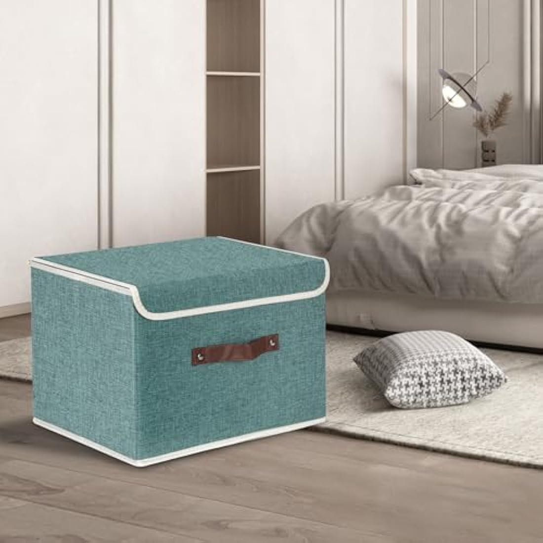TYEERS Collapsible Storage Box with Lid, Fabric Storage Box for Clothes, Wardrobe Storage, 38x25x25 cm, Set of 3, Aqua Deep