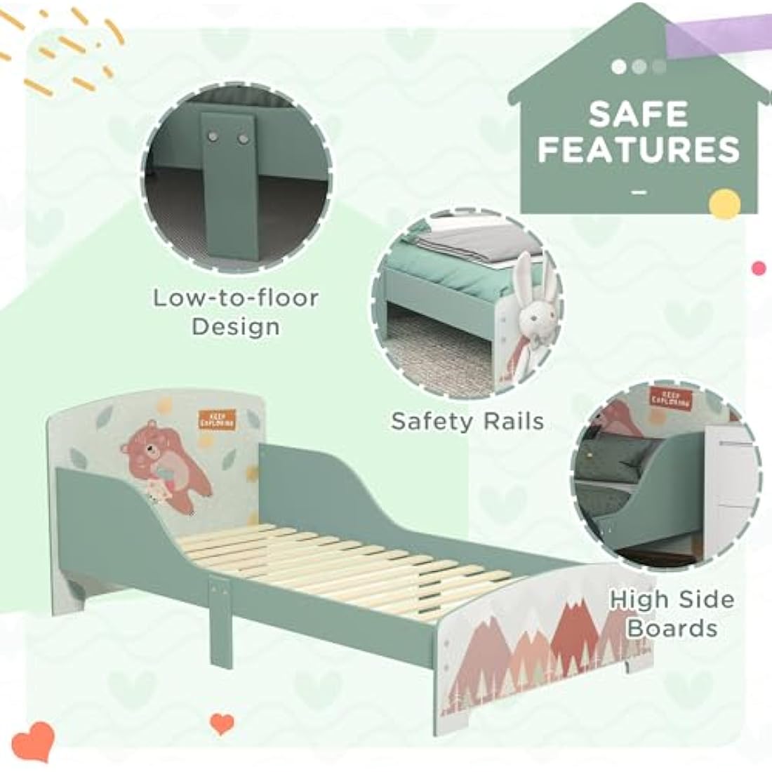 ZONEKIZ Toddler Bed Frame, Kids Bedroom Furniture for Ages 3-6 Years, 77 x 143 x 60cm - Green