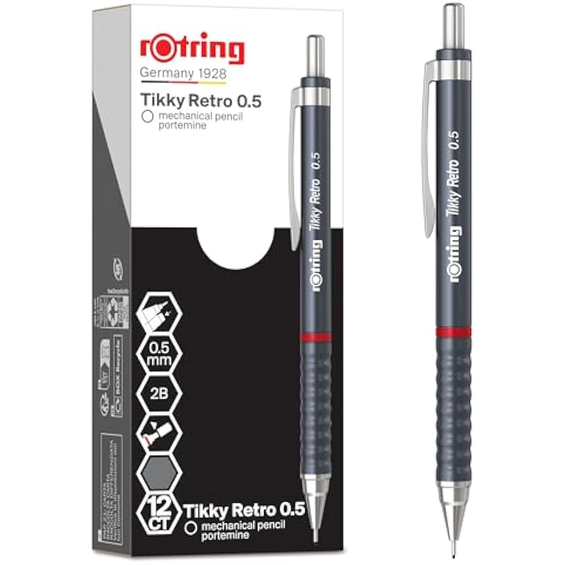 rOtring Tikky Retro Mechanical Pencils | 2B 0.5 mm | Grey Barrels | with Comfort Rippled Grip | 12 Count