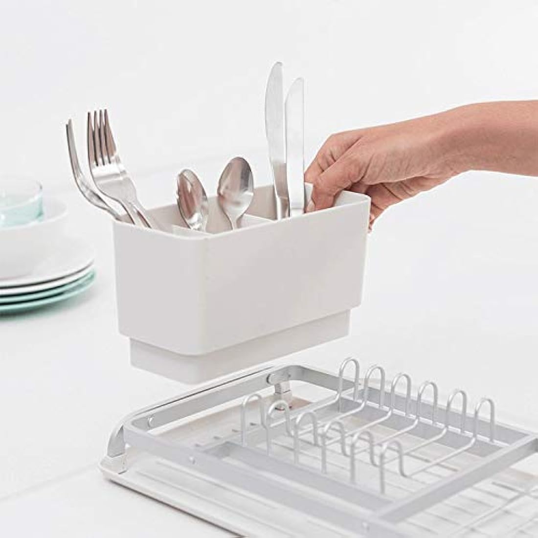 Brabantia Dish Drying Draining Rack (Compact / Light Grey) Easy-Clean Drip Tray and Removable Cutlery Basket, Corrosion-Resistant Aluminium Rack, Compact (20 x 46 cm)
