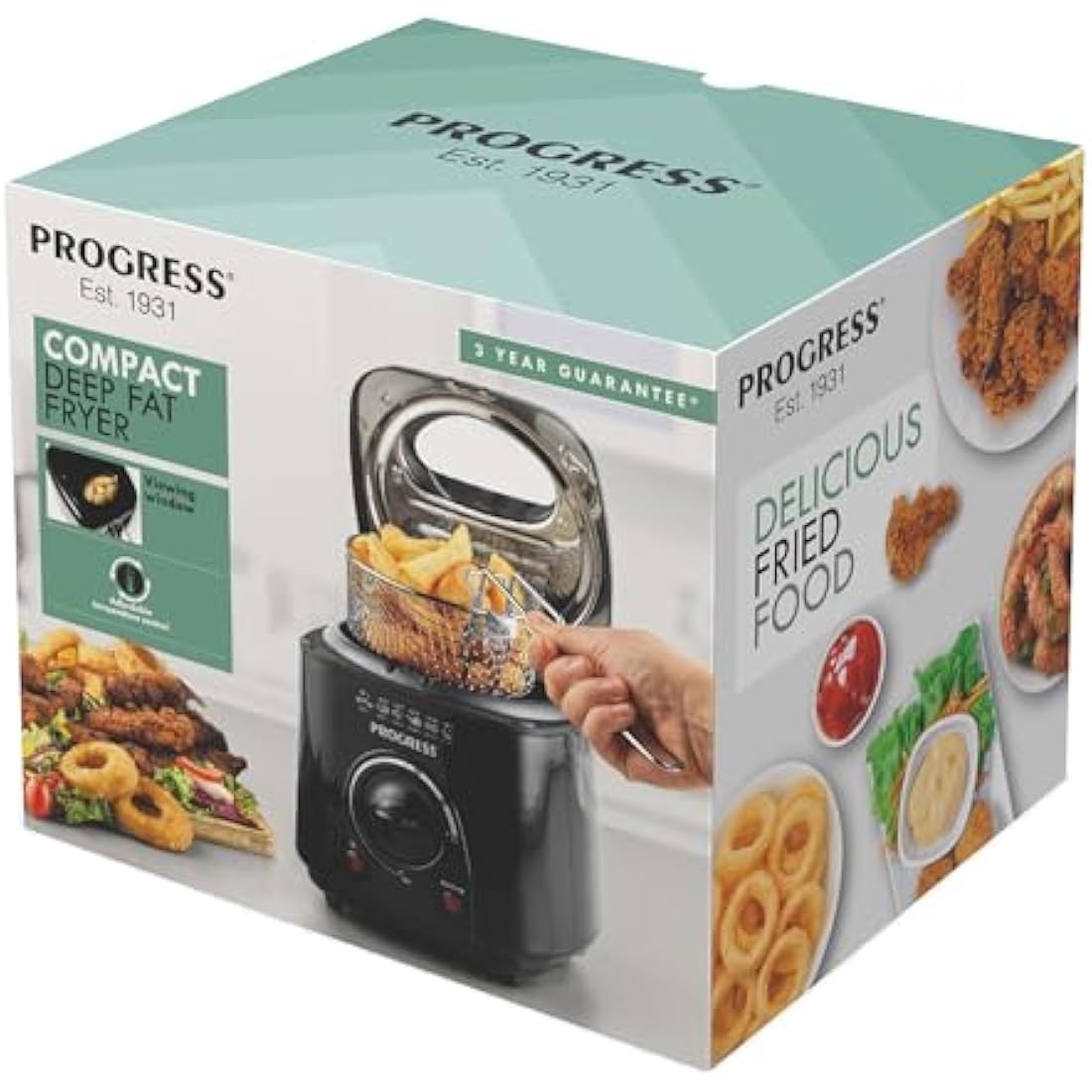 Progress 1L Compact Deep Fat Fryer – Adjustable Temperature Control, Power Lights, Filter to Reduce Odours, Non-Stick Cooking Bowl, Viewing Window, Removable Basket, 950W, Black EK2969PBLK
