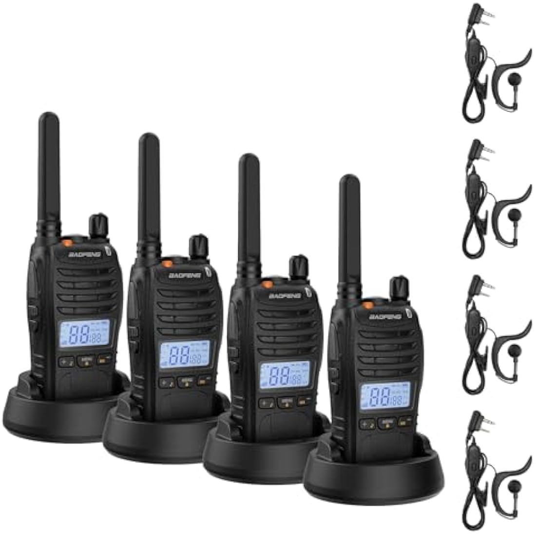 BAOFENG BF-88ST Pro Walkie Talkie, Upgraded Long Range Rechargeable License-Free PMR446 Two Way Radios with LCD Display, VOX Dual Watch, Desktop Charger and Earpieces, 4 Pack